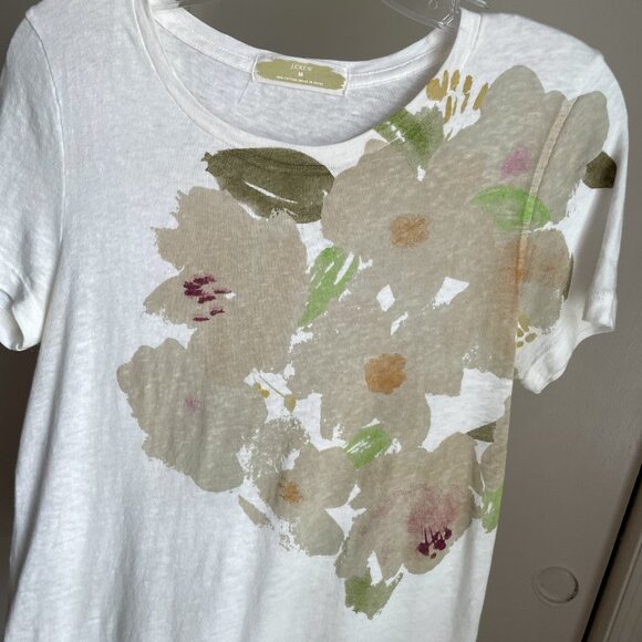J. Crew Cotton Short Sleeve Top Size M White Tan Green Large Floral Print - Picture 7 of 10